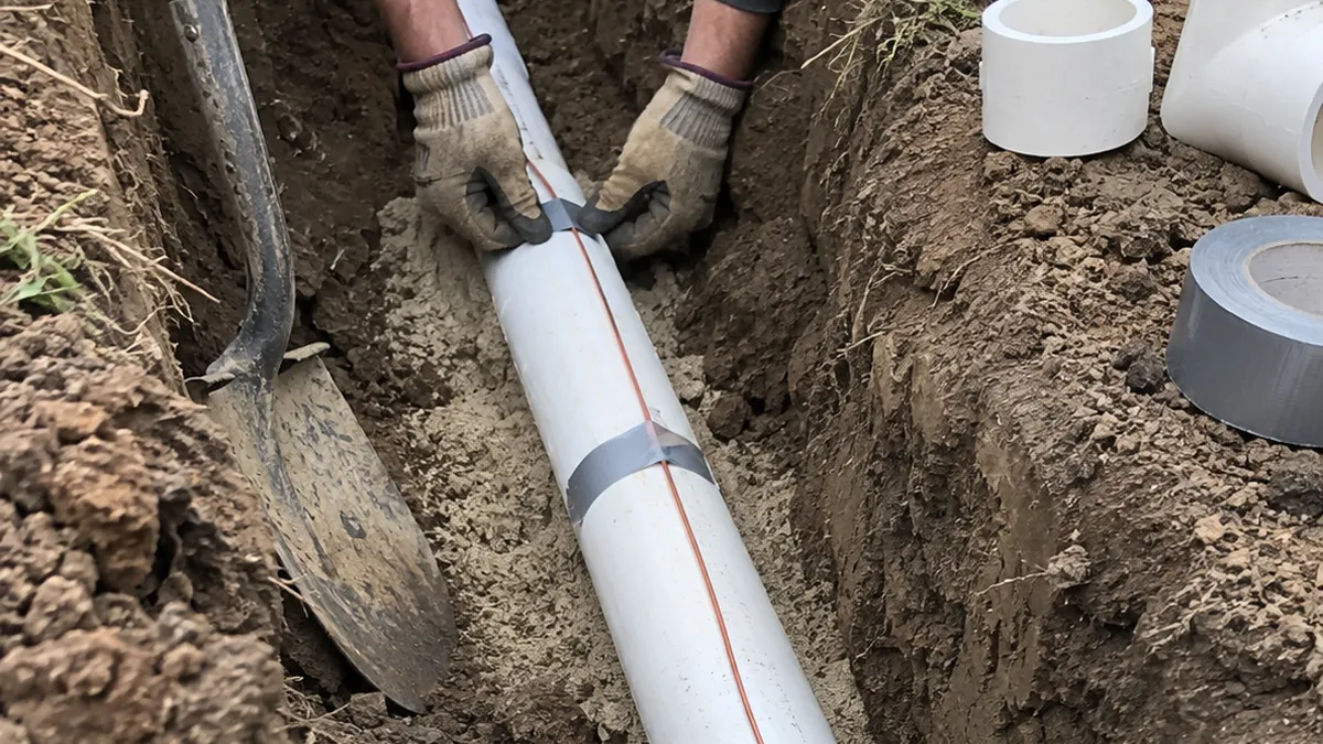 Gloved hands taping a thin tracer wire along white plastic sewer pipe in an open trench, with a shovel, pipe fittings, and a roll of tape on the dirt