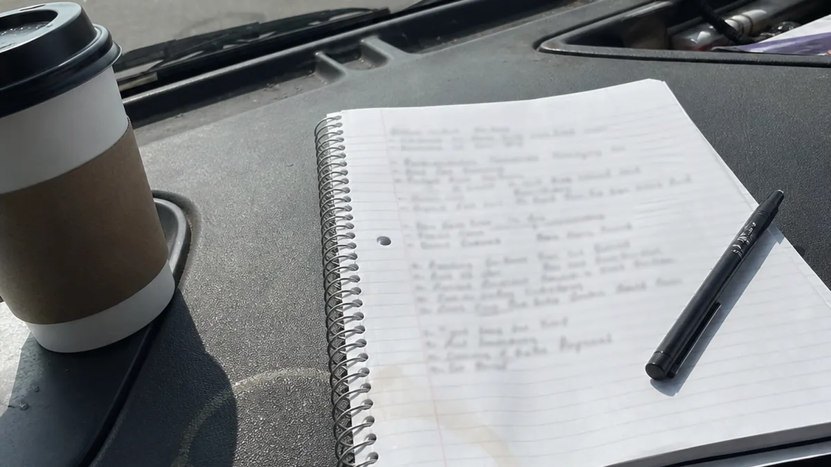 A plumber's notepad with handwritten call notes on the passenger seat of a work van