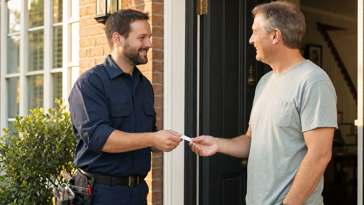 A plumber handing a small card to a smiling homeowner at their front door after a job