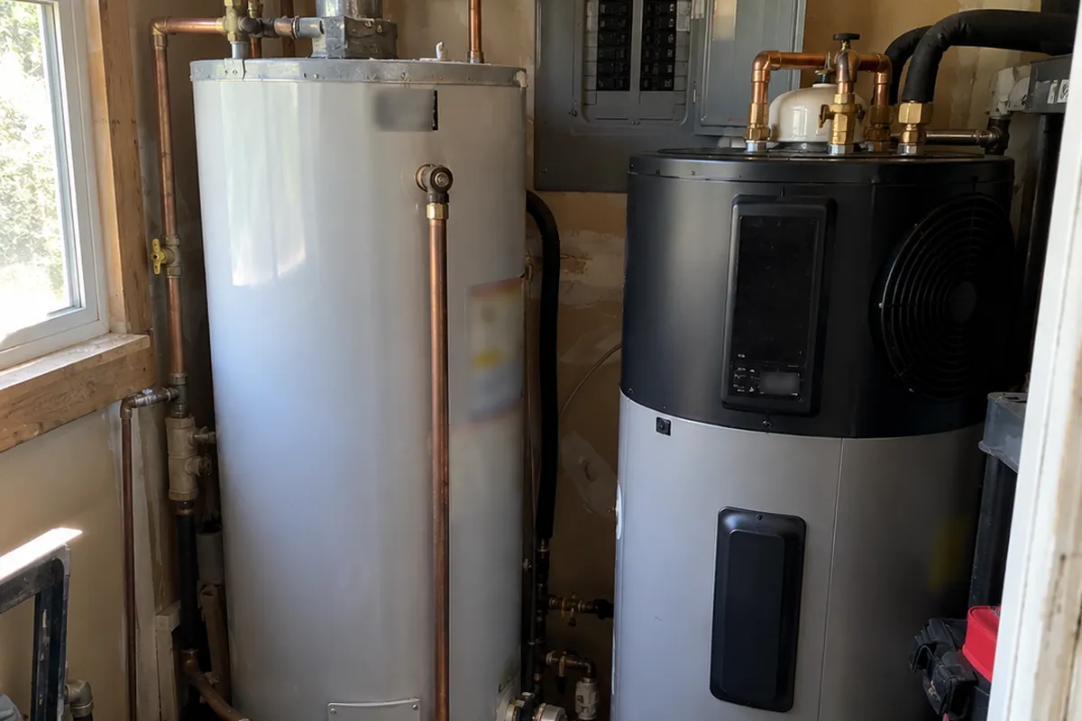 A gas tank water heater beside a heat pump water heater in a tight utility closet, with an open electrical panel on the wall and a pipe wrench on a bucket