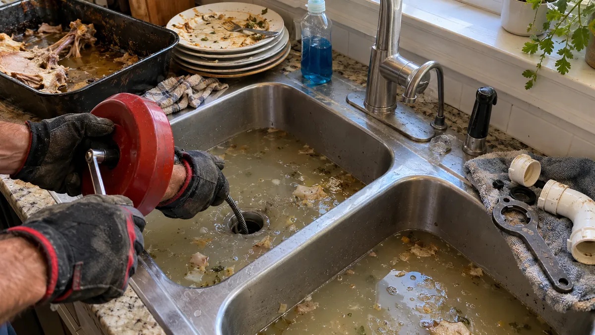 Gloved hands feeding a hand-crank drain auger into a backed-up kitchen sink, with a greasy roasting pan and dirty plates on the counter