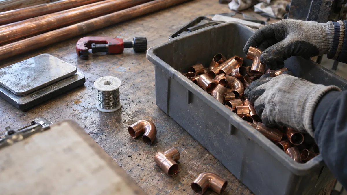 Hands sorting copper pipe fittings on a workbench next to a stack of copper pipe