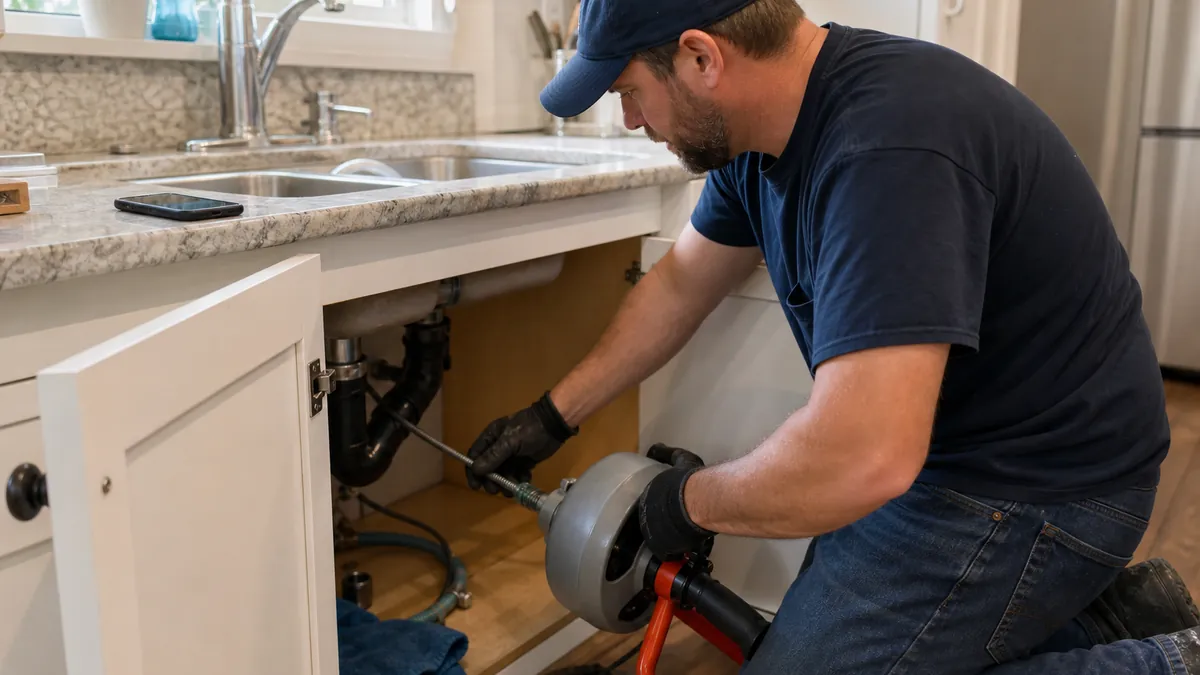 A plumber feeding a drain auger into a kitchen sink line while talking on the phone