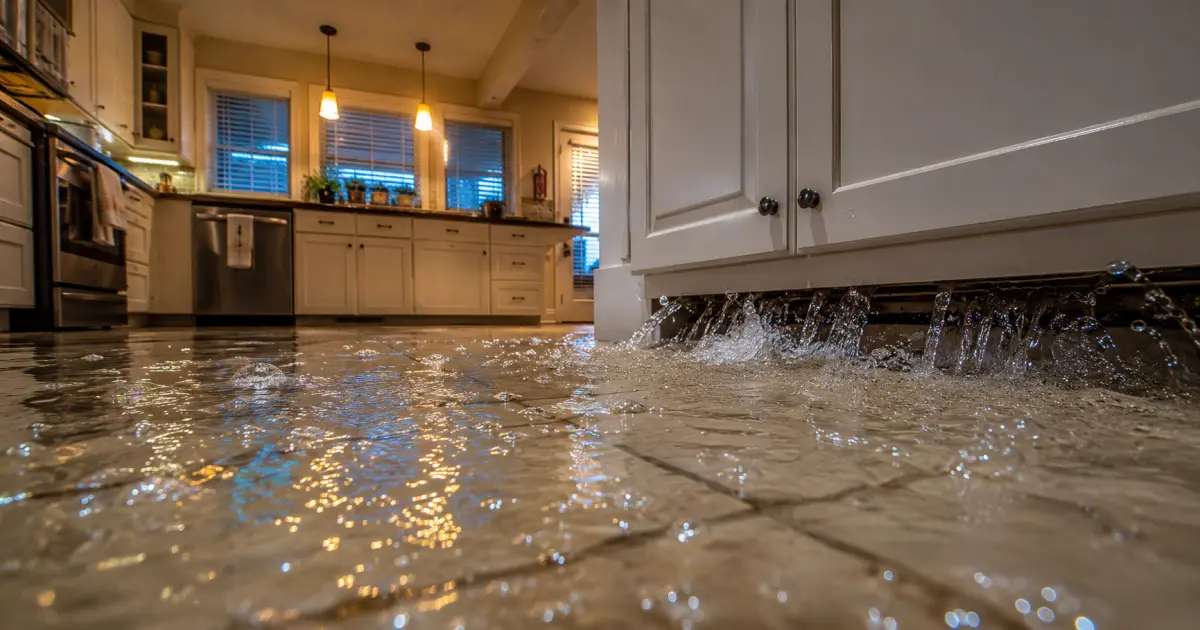 Water flooding across a kitchen floor from under the sink cabinet