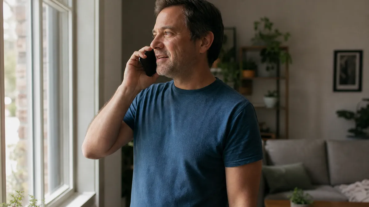 A homeowner on the phone, with a plumber's truck and yard sign visible through the window