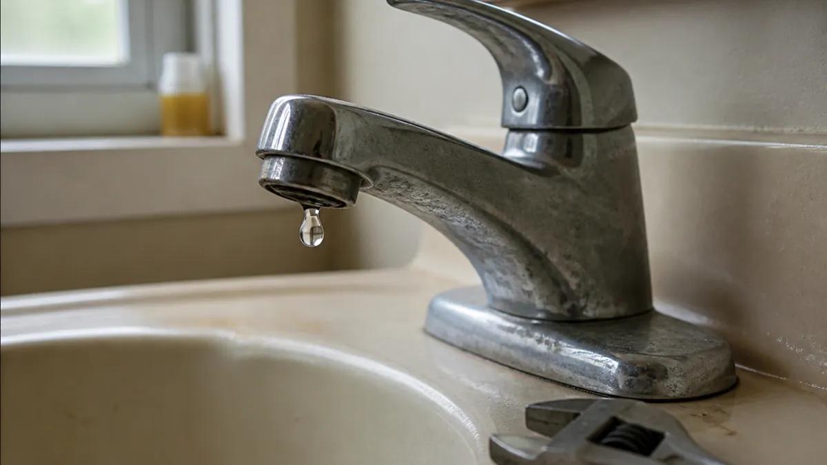 A close-up of a dripping faucet handle with a wrench resting nearby on a bathroom counter