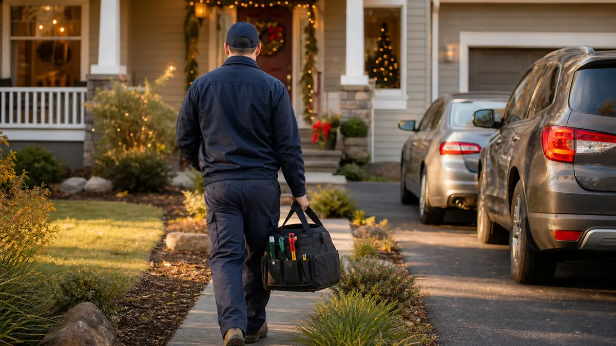 A plumber carrying his tool bag up to a house decorated for a holiday gathering, cars in the driveway
