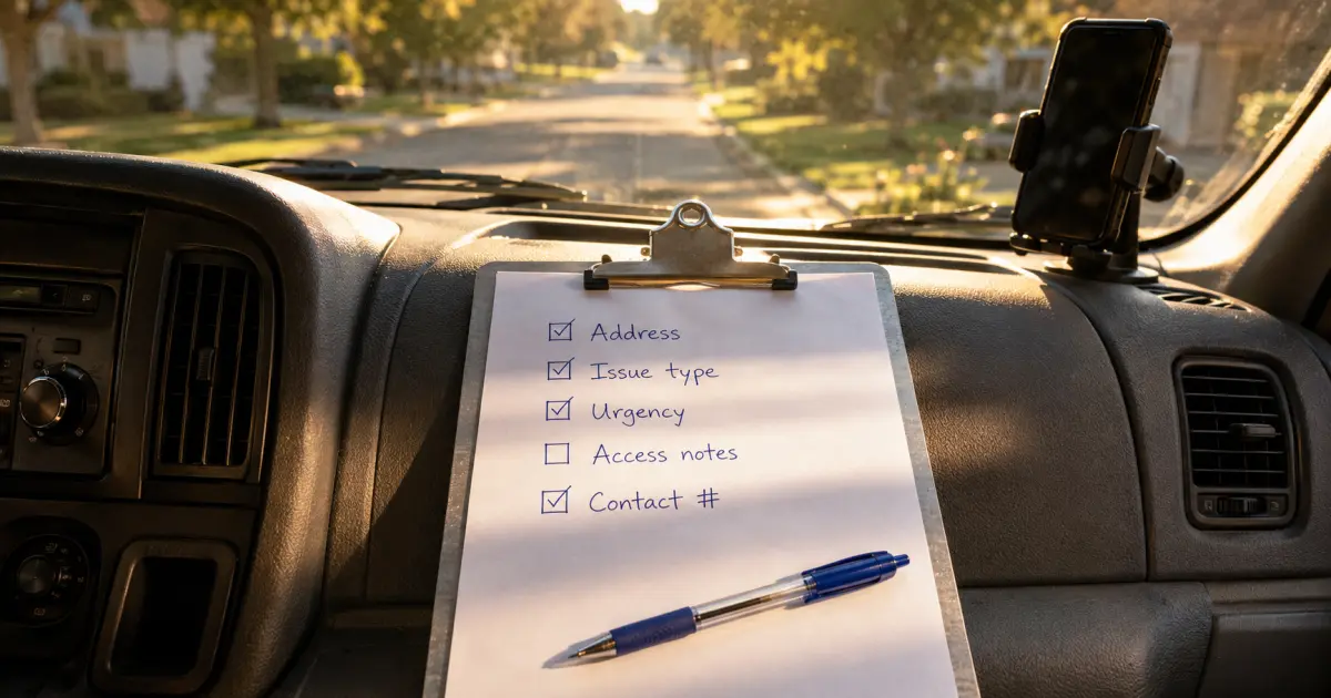 A checklist on a clipboard next to a phone and plumbing tools