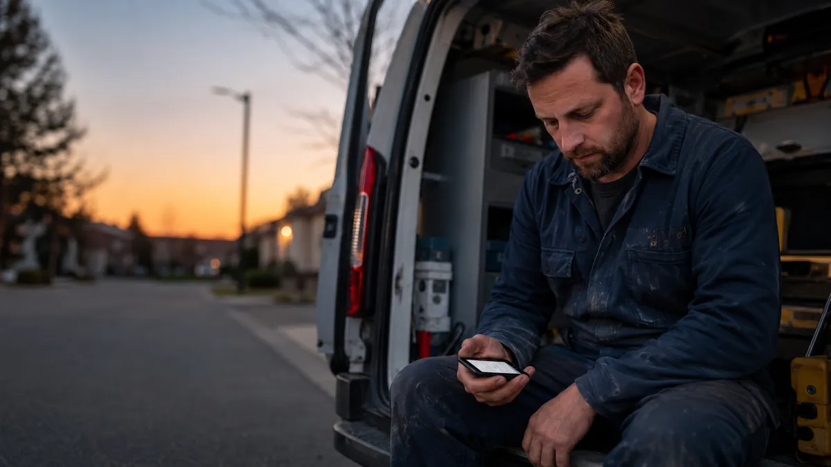 A plumber sitting on the back of his work van at dusk, looking at a lead notification on his phone