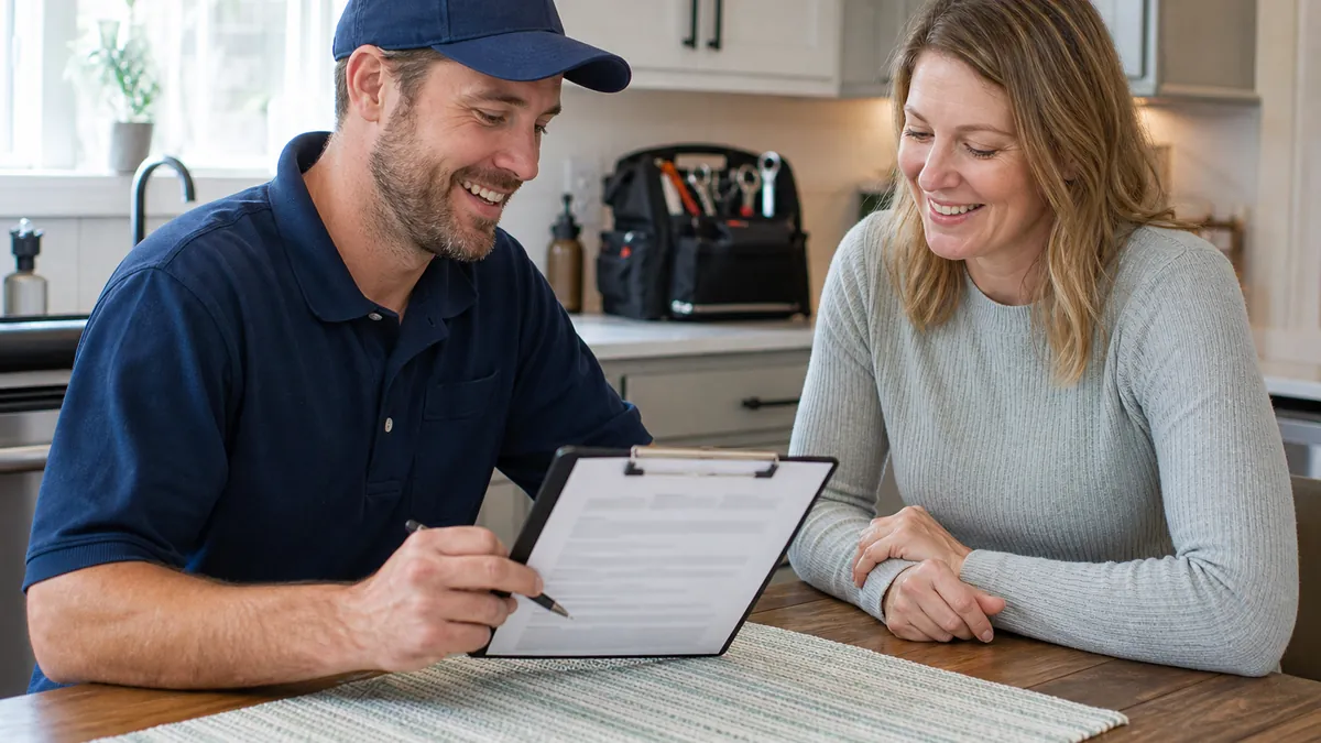 A plumber reviewing a simple service agreement at a customer's kitchen table
