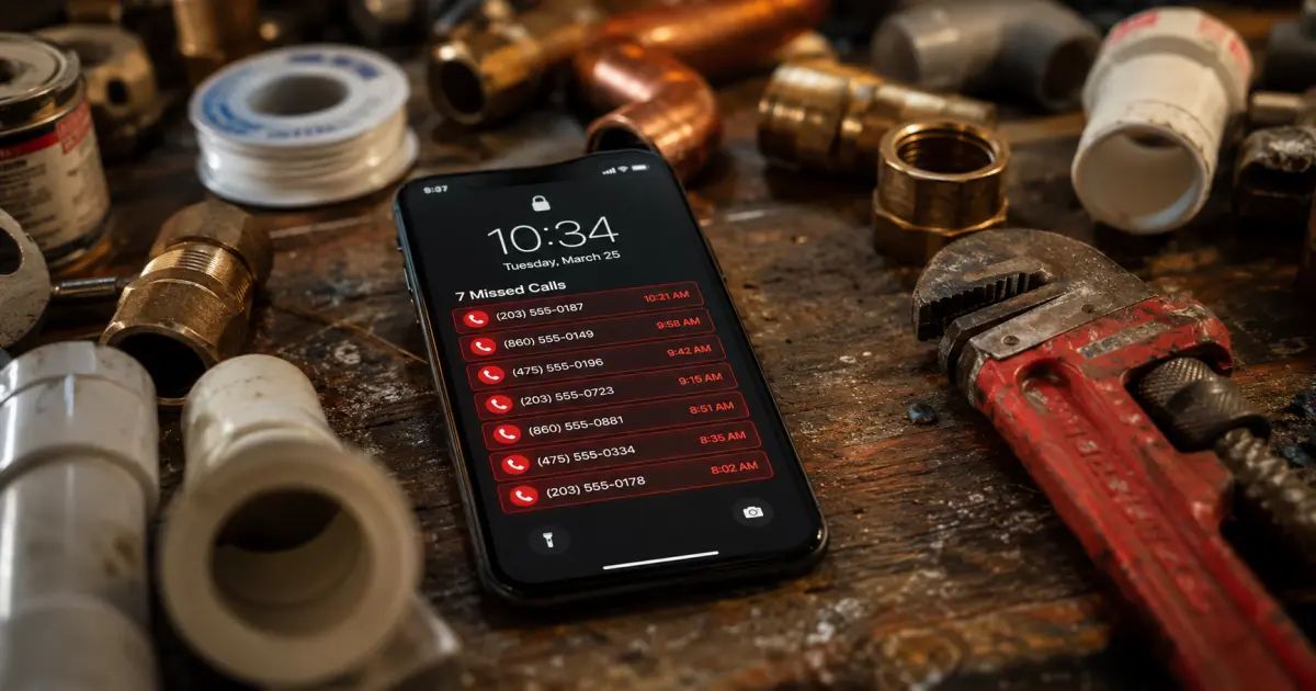 A phone showing seven missed calls on a plumber's workbench surrounded by pipe fittings