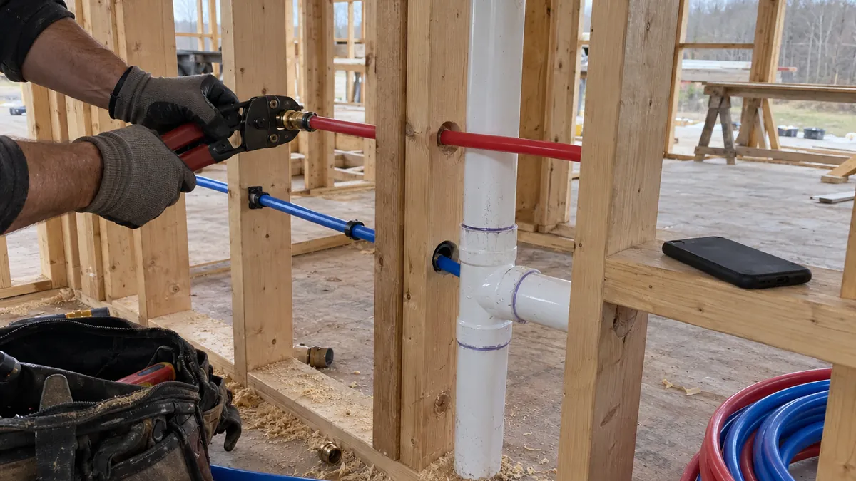 Gloved hands crimping a red PEX water line run through the wood studs of a house under construction, with a white drain pipe, a tool bag, a coil of PEX, and a phone lying face down on a stud ledge