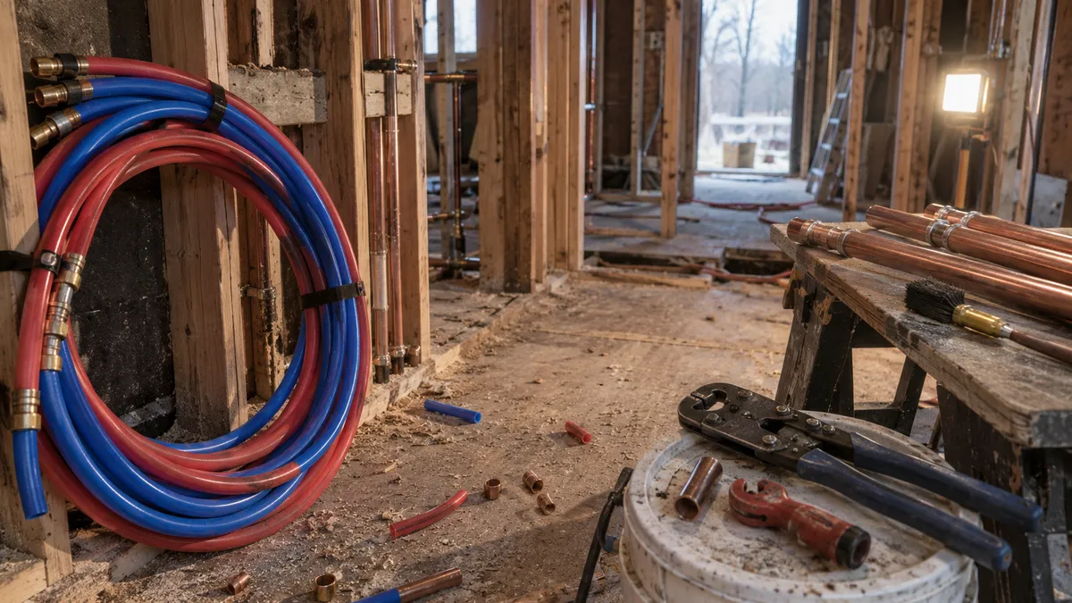 A coil of red and blue PEX tubing beside copper pipe lengths on a sawhorse in a gutted wall during a repipe, with a crimp tool and tubing cutter on a bucket