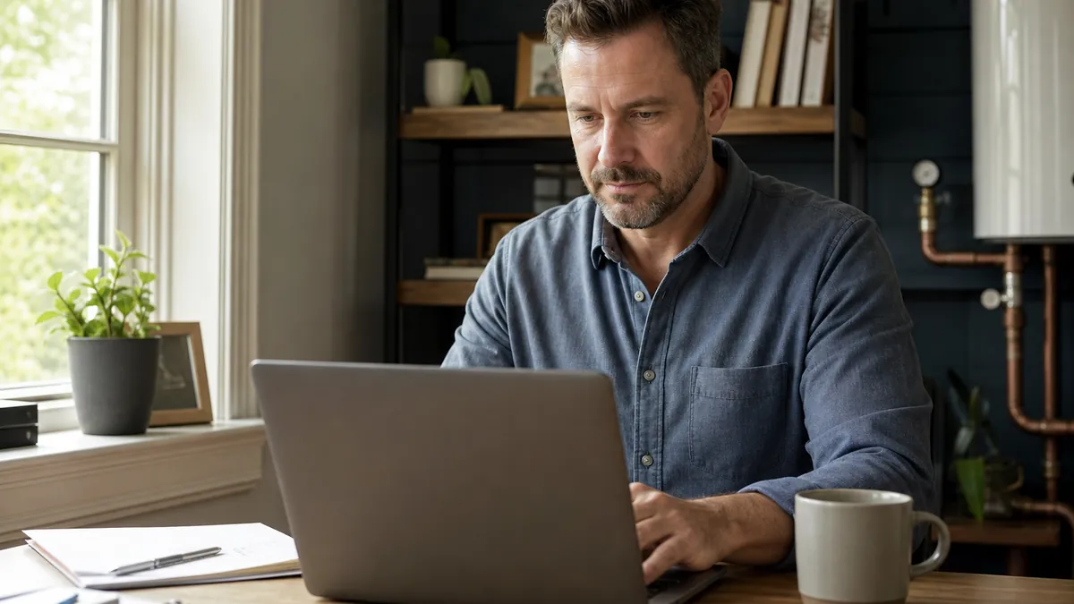 A plumbing business owner at a laptop in a small office, reading the screen with a calm, considered expression