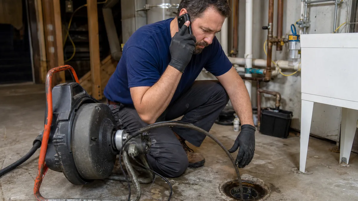A plumber with a drain auger and camera gear at a basement cleanout, on the phone