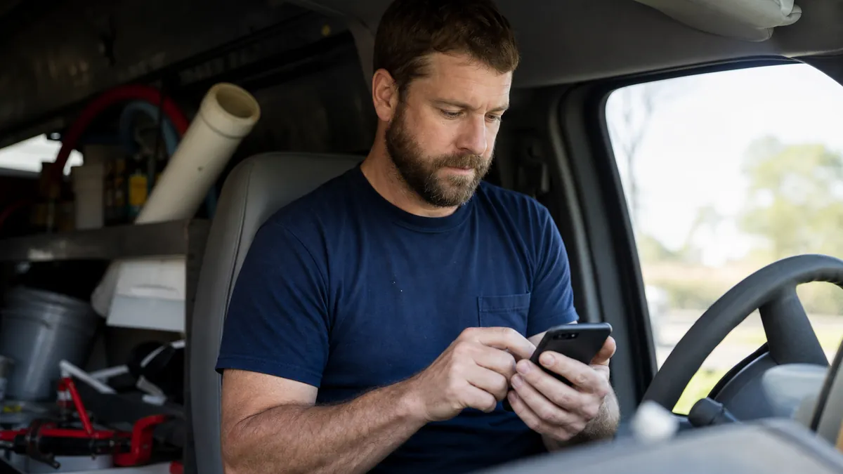 A plumber sitting in his work van thumb-typing a text reply on his phone