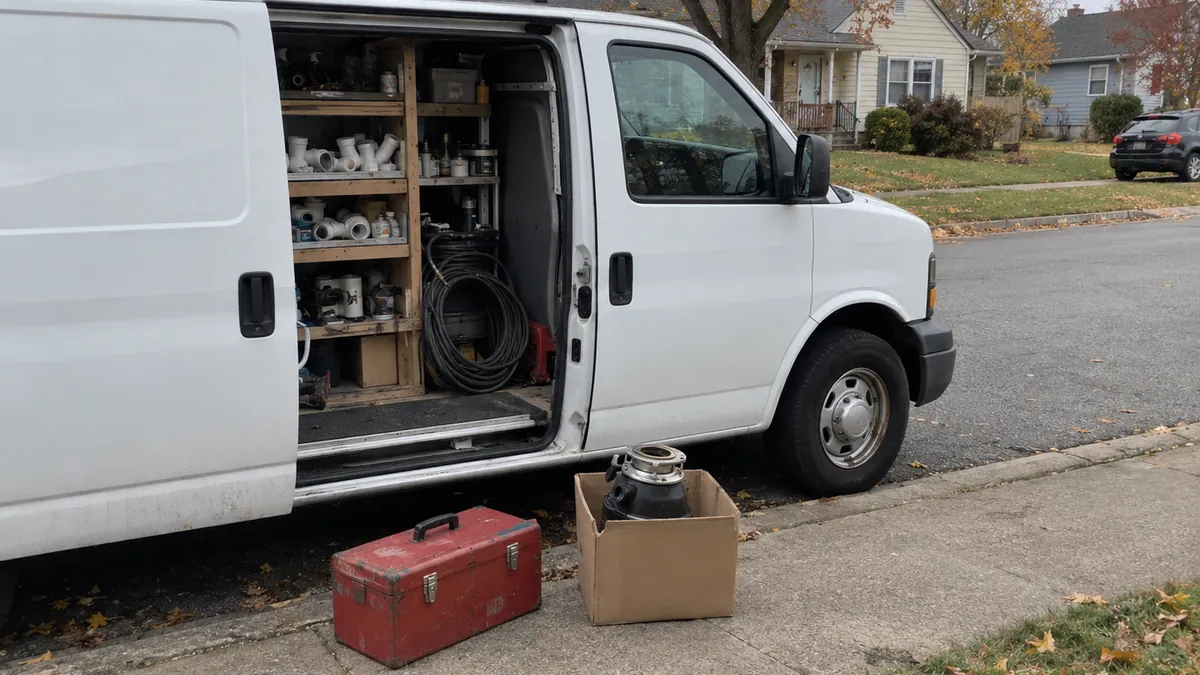 A white plumbing van parked on a quiet residential street with its side door open to shelves of PVC fittings, a red toolbox and an old garbage disposal in a cardboard box on the sidewalk