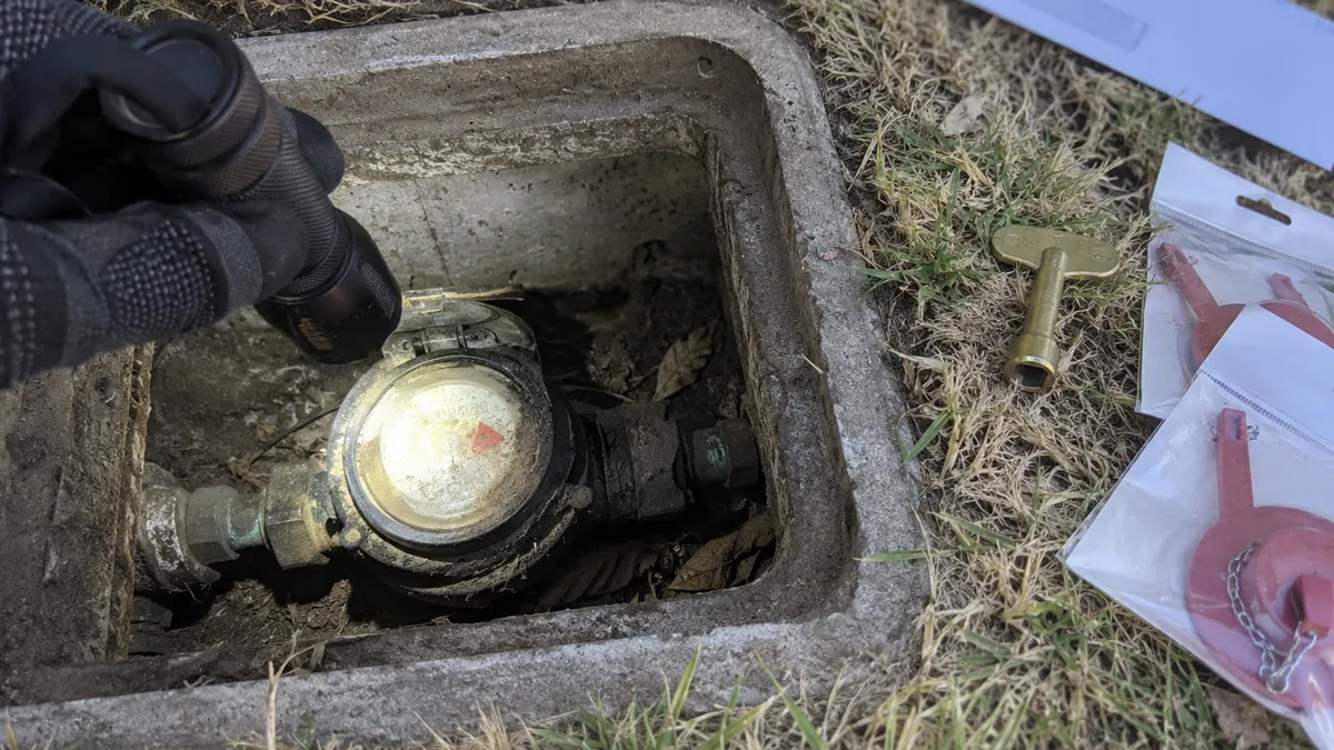 A gloved hand shining a flashlight on a residential water meter in an open concrete meter box in a lawn, with a brass meter key and packaged toilet flappers on the grass beside it