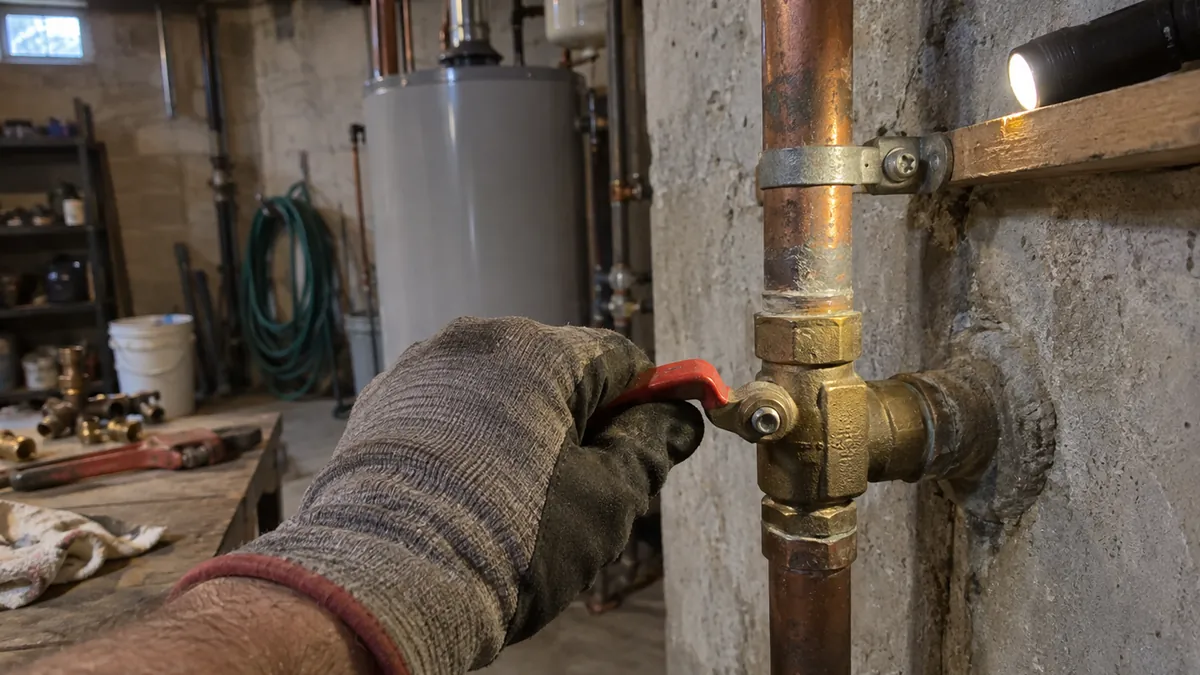 A gloved hand turning a red-handled main water shutoff valve on a copper pipe in a basement, with a flashlight beam lighting the pipe