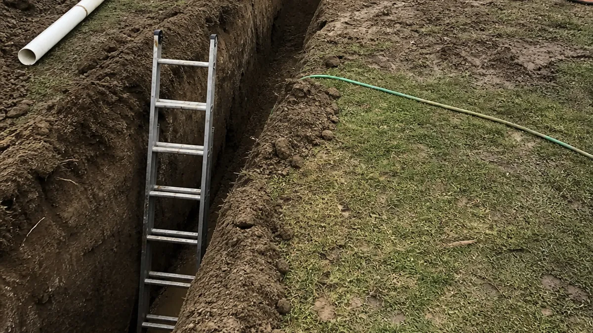 An open trench on a residential job site with a ladder providing access and a spoil pile set back from the edge