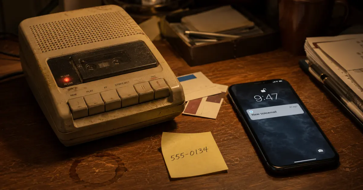 A vintage answering machine next to a modern smartphone with an ignored voicemail notification