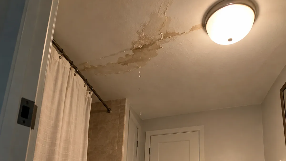 A water stain spreading across a white bathroom ceiling beside a round light fixture, with drops of water falling from the stain