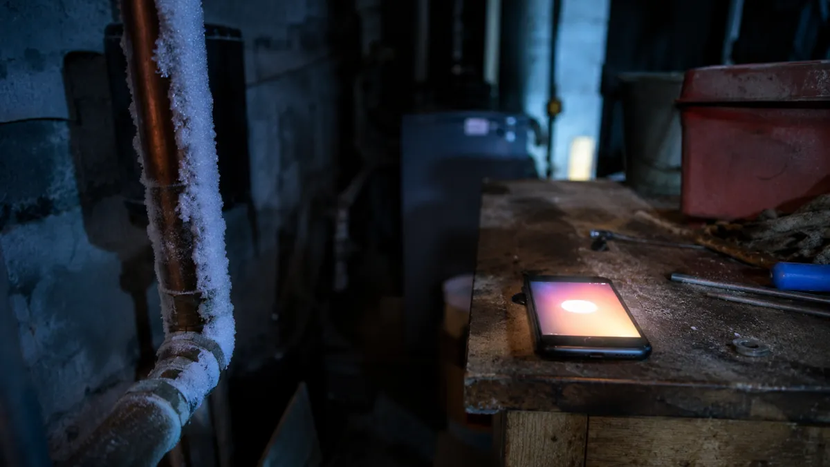 A frost-covered pipe in a dim basement with a phone lighting up on a workbench