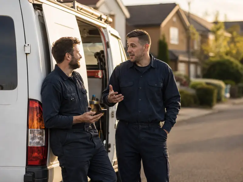 Two plumbers having a conversation beside their work van