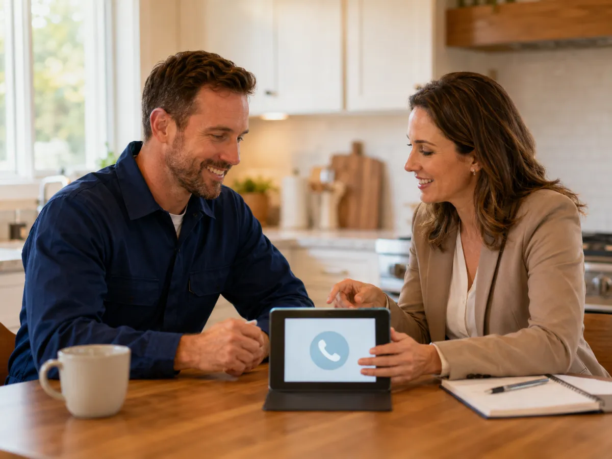 A plumber reviewing the setup on a tablet with a consultant at a kitchen table